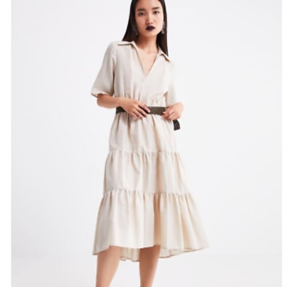 Zara Cotton Beige Belted Midi Tiered Dress - Picture 1 of 5